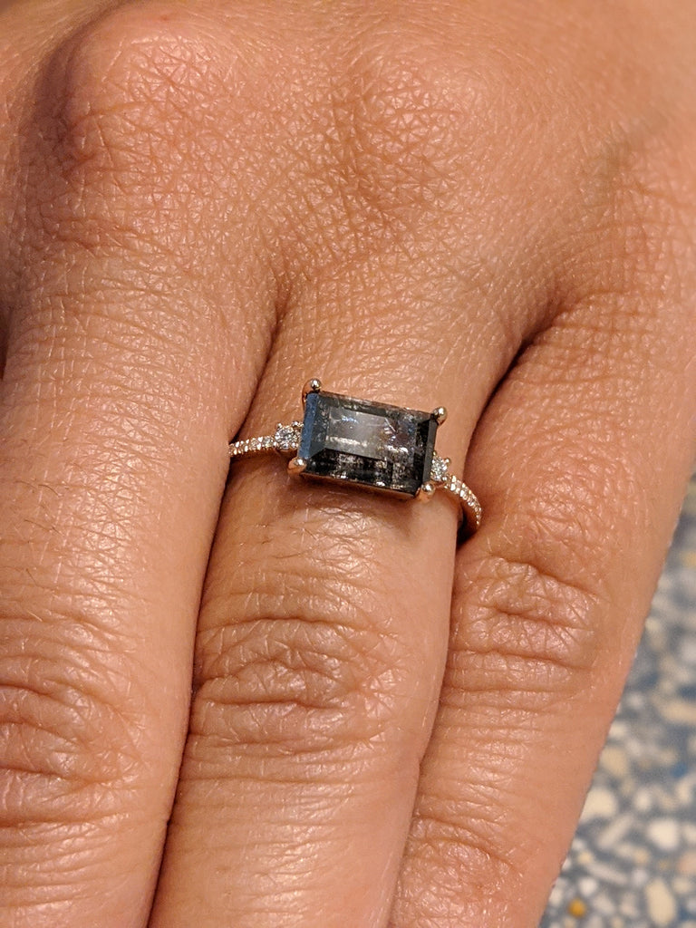 Half Eternity 1.5ct Emerald Baguette Raw Salt and Pepper Diamond Gold Engagement Ring Art Deco 1920's Inspired Thin Petite Band 14k