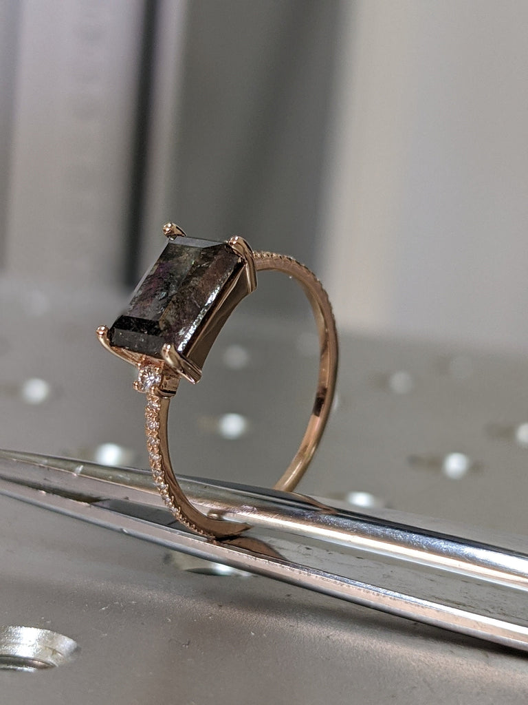 Half Eternity 1.5ct Emerald Baguette Raw Salt and Pepper Diamond Gold Engagement Ring Art Deco 1920's Inspired Thin Petite Band 14k