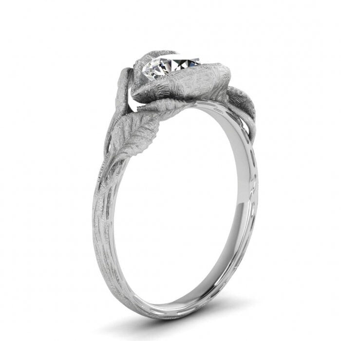Raw Salt And Pepper Diamond Ring White Gold Brushed Lotus Flower Ring, Salt And Pepper Engagement Ring,Lotus Ring,Leaf Ring,Vintage, Bijou