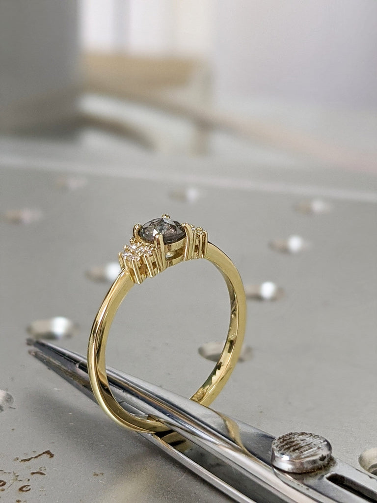 1ct Salt and pepper diamond engagement 5 stone each side ring in rose/white/yellow gold handmade for her