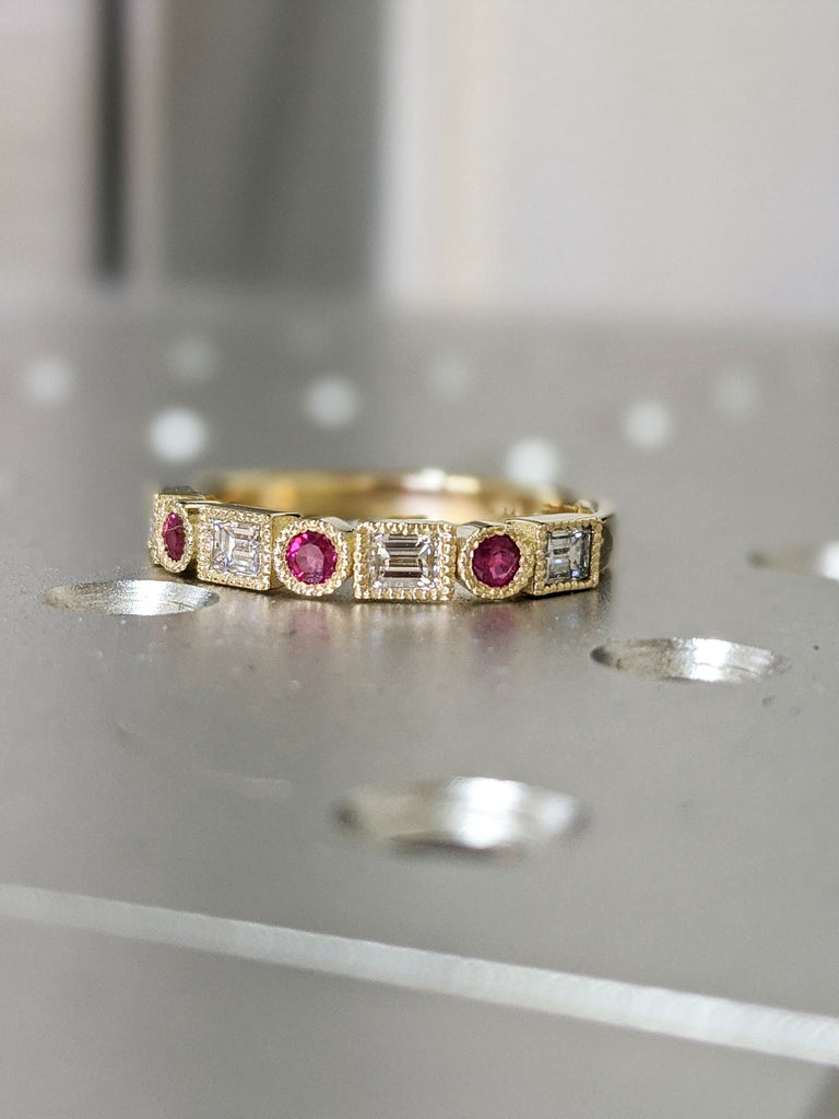 Baguette Dot Diamond Band 14K Diamond Ruby Milgrain Matching Band Wedding Ring Ruby Diamond Vintage Art Deco Unique Diamond Eternity Band