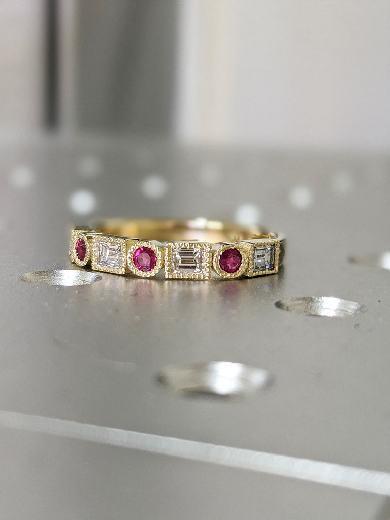 14k Gold Round Ruby and Natural Diamond Baguette Ring / Wedding Ring for Women / Anniversary Ring / Engagement Ring Band / Sale