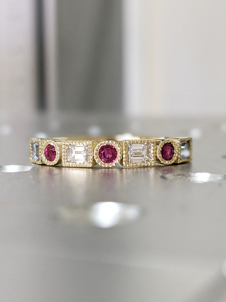 Baguette Dot Diamond Band 14K Diamond Ruby Milgrain Matching Band Wedding Ring Ruby Diamond Vintage Art Deco Unique Diamond Eternity Band