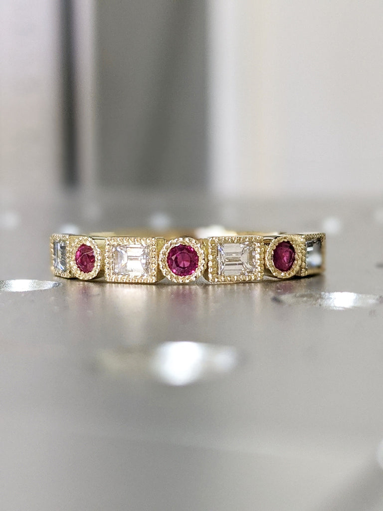 14k Gold Round Ruby and Natural Diamond Baguette Ring / Wedding Ring for Women / Anniversary Ring / Engagement Ring Band / Sale