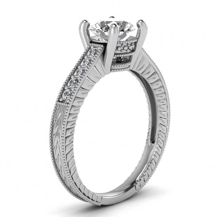 Raw Salt And Pepper Diamond Ring White Gold Salt And Pepper Diamond Ring (1/8 Ct. Tw.) Milgrain, Vintage Design,Hand Engraved Carving, Isla