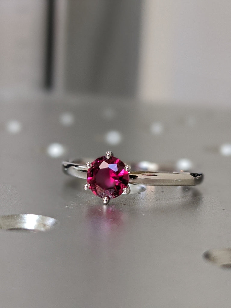 14k rose gold Briar classic ruby engagement ring, petite band, rounded prongs. 6 Prongs Solitaire Ruby Engagement Ring