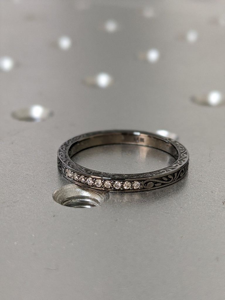 Black Vintage Filigree Wedding Band Stacking Ring Antique Floral Wedding Ring Milgrain Matching Band Anniversary Ring 14k Black Gold Band