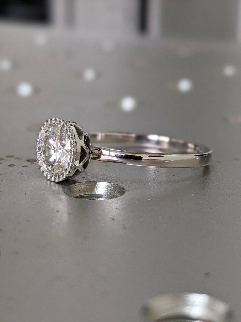 White Gold Round Bezel Ring Unique Milgrain Moissanite Engagement Ring, Milgrained Bezel, 14k Gold, Moissanite Engagement Ring Nyla