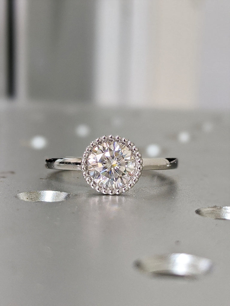 White Gold Round Bezel Ring Unique Milgrain Moissanite Engagement Ring, Milgrained Bezel, 14k Gold, Moissanite Engagement Ring Nyla