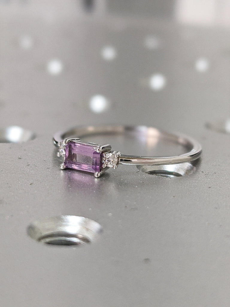 14K Alexandrite Baguette Ring, Three Stone Ring, Stacking Ring, Rectangle Stone, Alexandrite Diamond Ring, Color Changing Stone