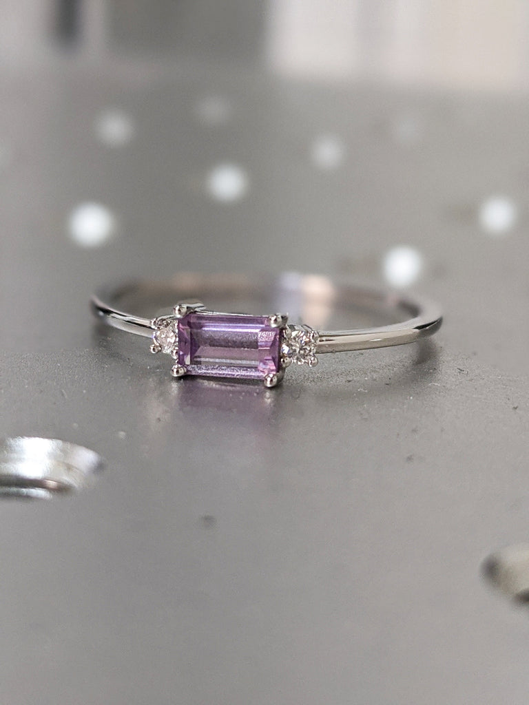 14K Alexandrite Baguette Ring, Three Stone Ring, Stacking Ring, Rectangle Stone, Alexandrite Diamond Ring, Color Changing Stone