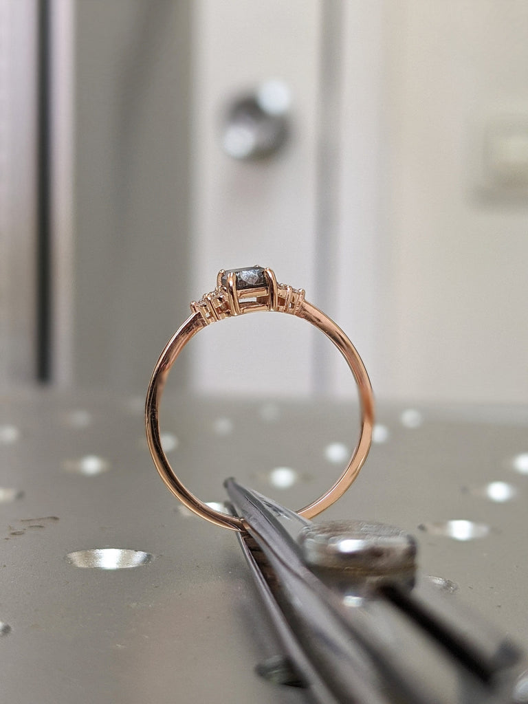 Salt and Pepper Diamond Engagement Ring Women Rose Gold Emerald Baguette shaped Bridal Jewelry Art deco Wedding Ring|Unique Anniversary ring