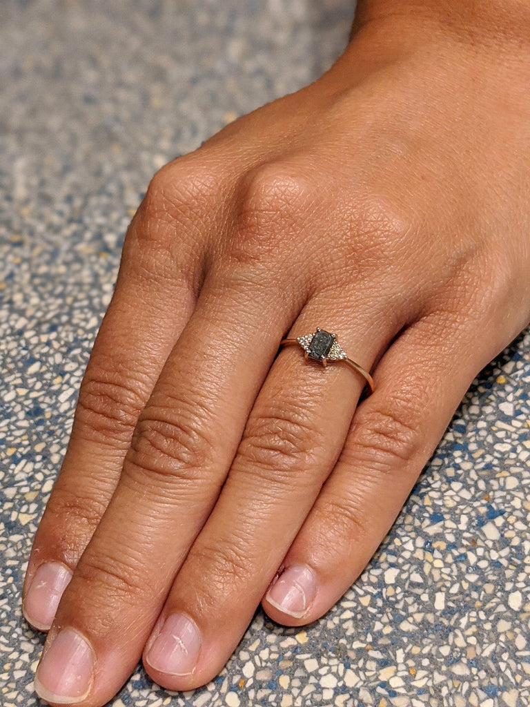 Raw Salt and Pepper Diamond, Emerald Baguette Cut Diamond Ring, Unique Engagement, Black, Gray Baguette, 14k Yellow, Rose, or White Gold