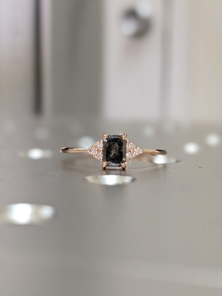 Raw Salt and Pepper Diamond, Emerald Baguette Cut Diamond Ring, Unique Engagement, Black, Gray Baguette, 14k Yellow, Rose, or White Gold