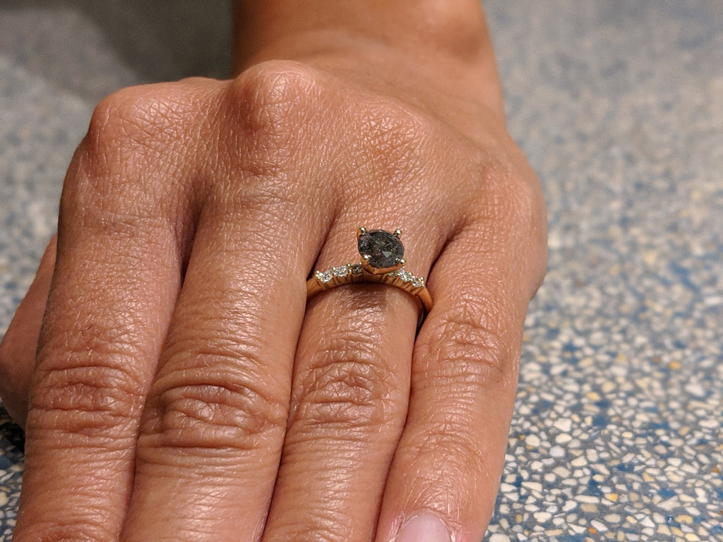 Black Salt And Pepper Diamond Ring, Rose Cut Salt And Pepper Diamond Engagement Ring, Grey Diamond Ring, Salt And Pepper Ring, Rustic Ring