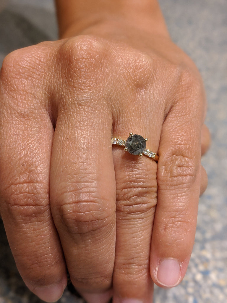 Black Salt And Pepper Diamond Ring, Rose Cut Salt And Pepper Diamond Engagement Ring, Grey Diamond Ring, Salt And Pepper Ring, Rustic Ring