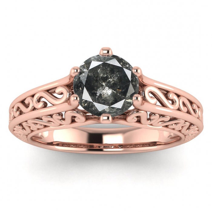 Raw Salt And Pepper Diamond Ring Rose Gold Unique Solitaire Ring Filigree Shank, Open Gallery, Six Prong,Engagement Ring,Unique Design, Roux