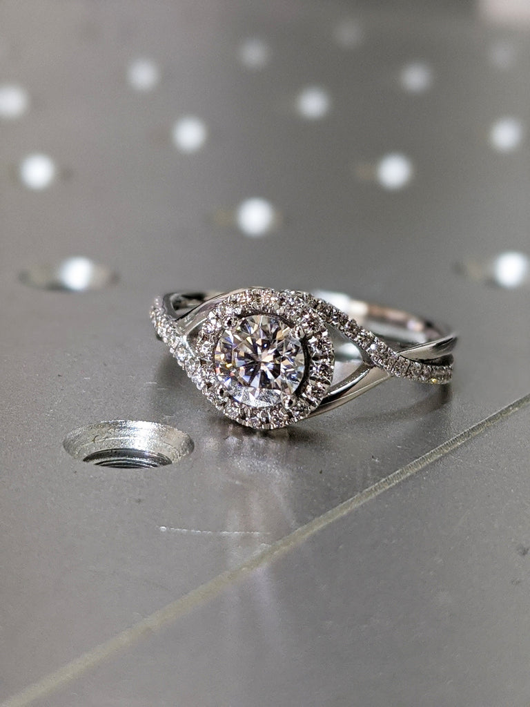 Colorless Moissanite Ring/ 6.0mm Round Cut Moissanite Engagement Ring/ Half Eternity Wedding Promise Ring/ Moissanite Halo Ring