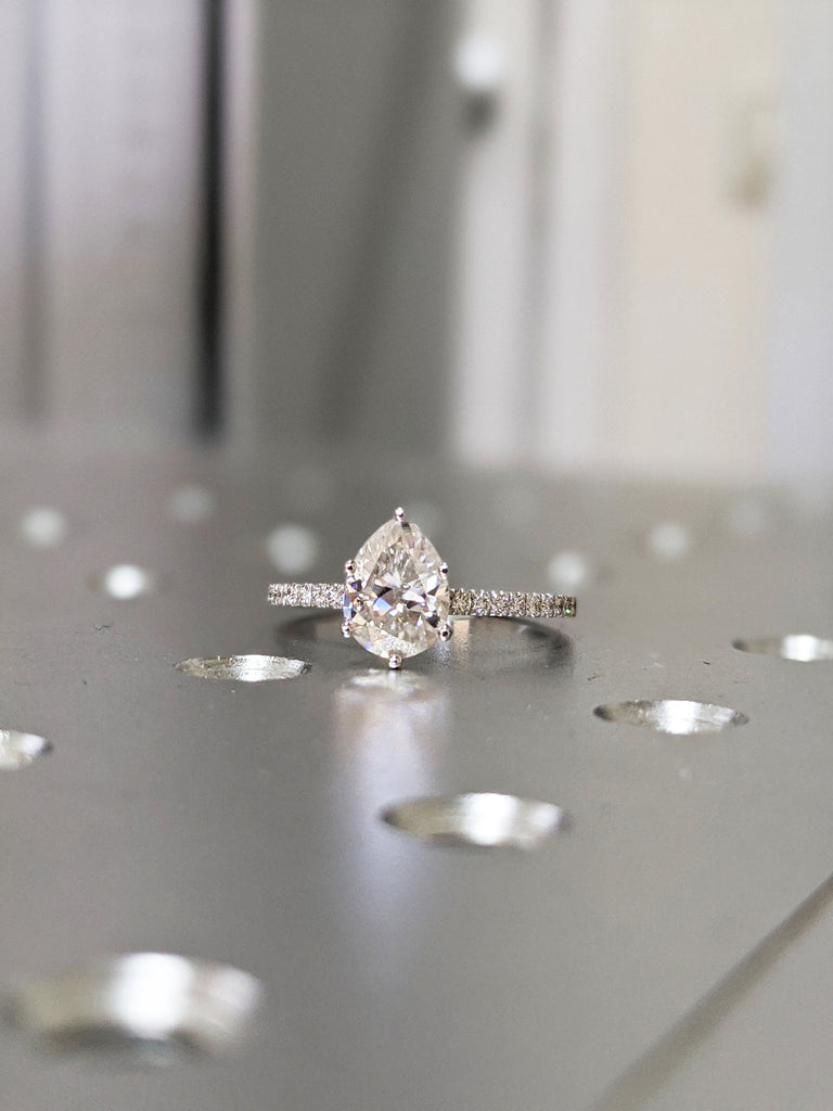 Water Drop Shape/ Pear Cut Moissanite/ Engagement Wedding Promise Ring/ 5 Prongs/ Half Eternity/ Antique Stack Ring/ 14K Gold Ring