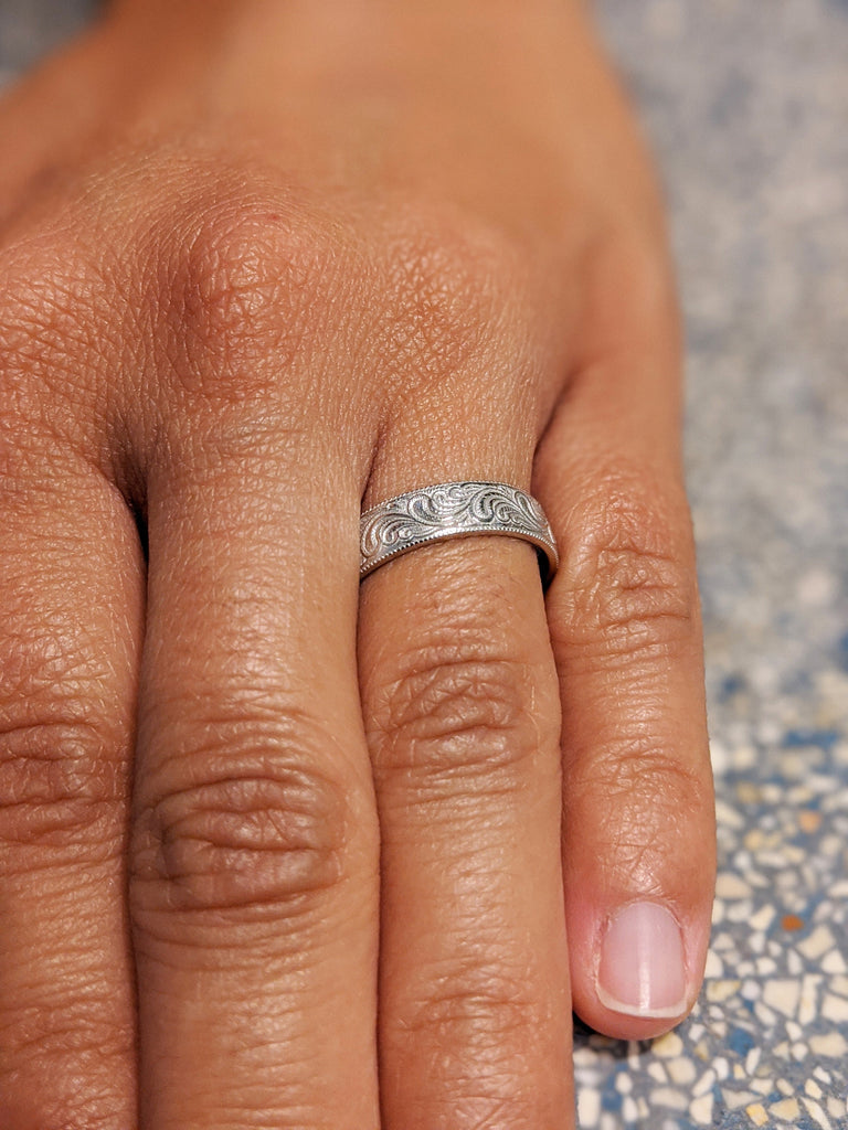 Solid White/Rose/Yellow Gold Feather Pattern Ring, 14K Gold Vintage Style Wedding Band, Scroll Engraved, Art Deco, Art Nouveau, Unique Band