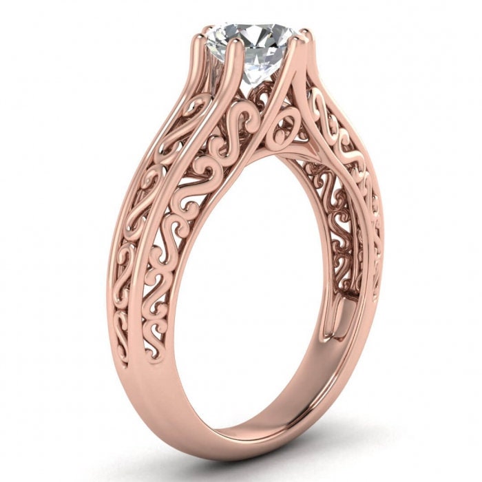 Raw Salt And Pepper Diamond Ring Rose Gold Unique Solitaire Ring Filigree Shank, Open Gallery, Six Prong,Engagement Ring,Unique Design, Roux