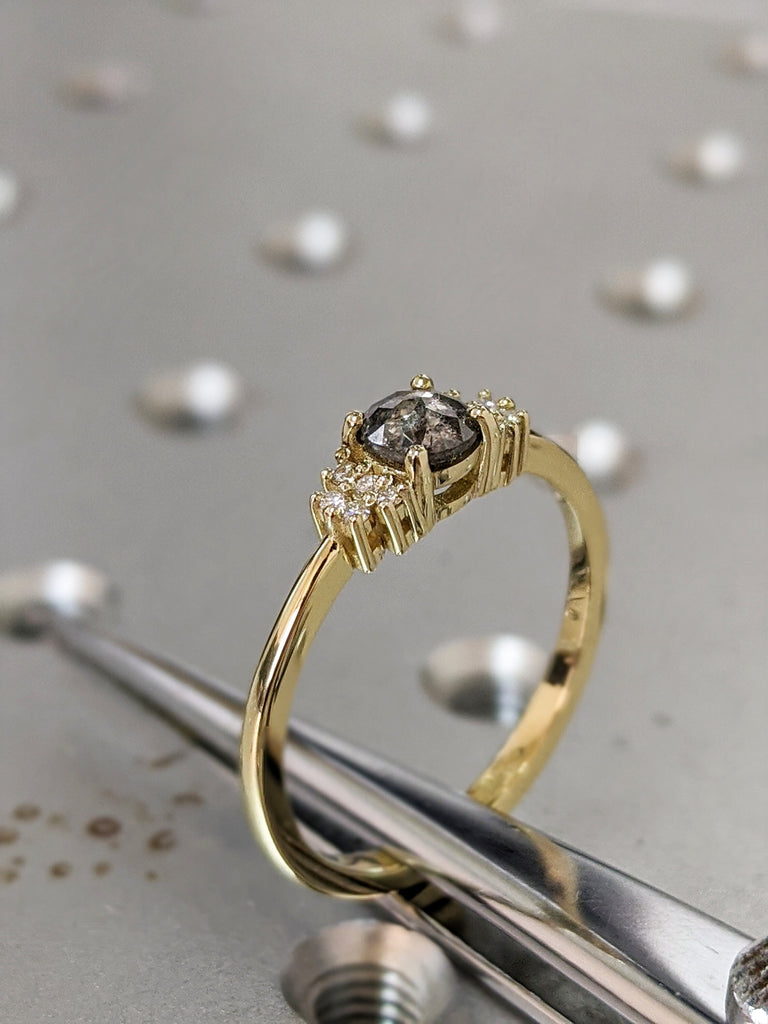 1ct Salt and pepper diamond engagement 5 stone each side ring in rose/white/yellow gold handmade for her
