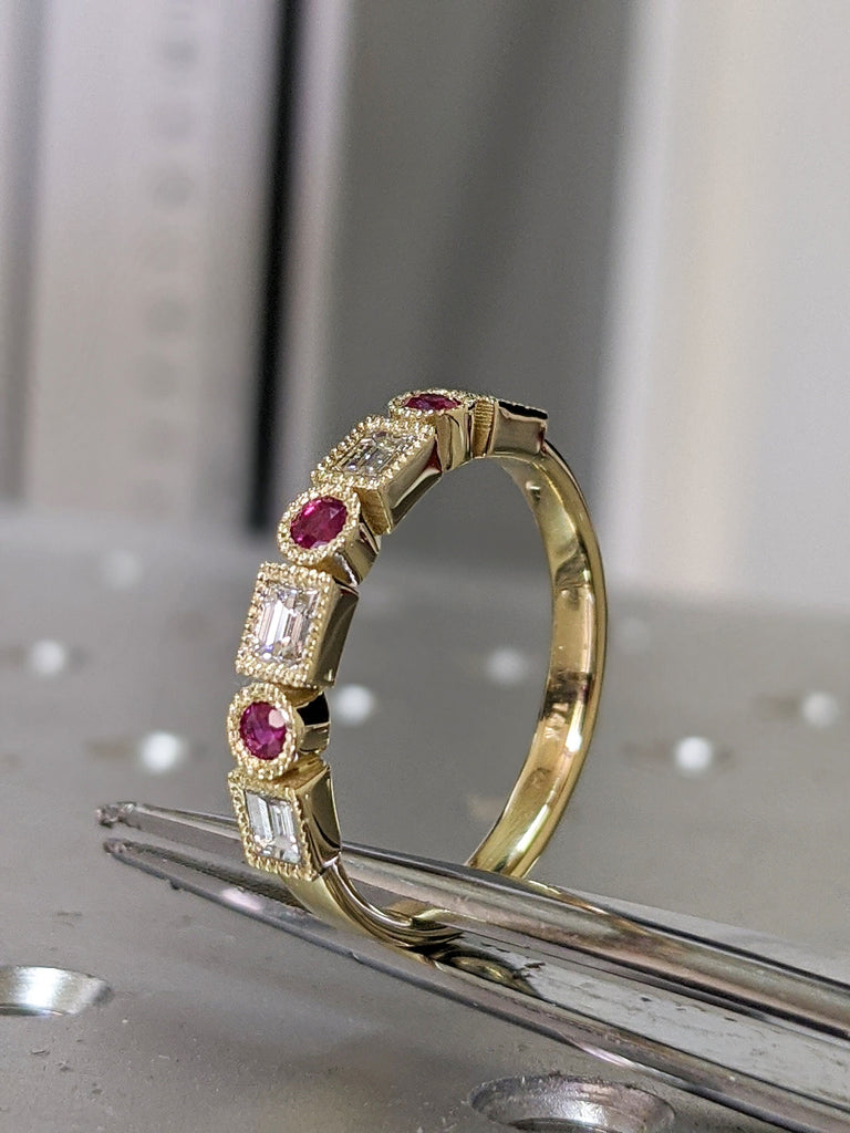 Baguette Dot Diamond Band 14K Diamond Ruby Milgrain Matching Band Wedding Ring Ruby Diamond Vintage Art Deco Unique Diamond Eternity Band