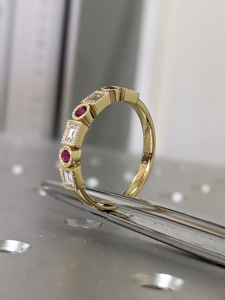 Baguette Dot Diamond Band 14K Diamond Ruby Milgrain Matching Band Wedding Ring Ruby Diamond Vintage Art Deco Unique Diamond Eternity Band