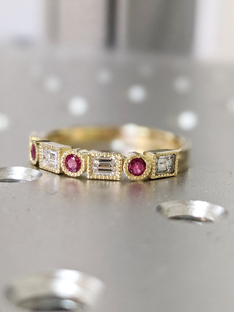 Baguette Dot Diamond Band 14K Diamond Ruby Milgrain Matching Band Wedding Ring Ruby Diamond Vintage Art Deco Unique Diamond Eternity Band