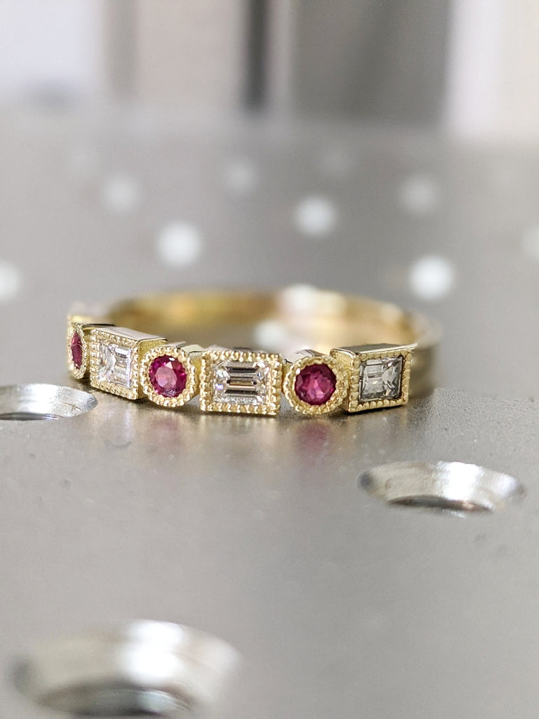 14k Gold Round Ruby and Natural Diamond Baguette Ring / Wedding Ring for Women / Anniversary Ring / Engagement Ring Band / Sale