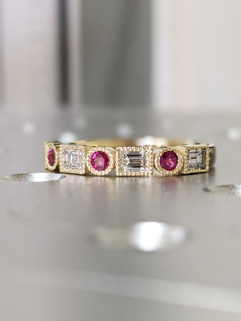 Baguette Dot Diamond Band 14K Diamond Ruby Milgrain Matching Band Wedding Ring Ruby Diamond Vintage Art Deco Unique Diamond Eternity Band