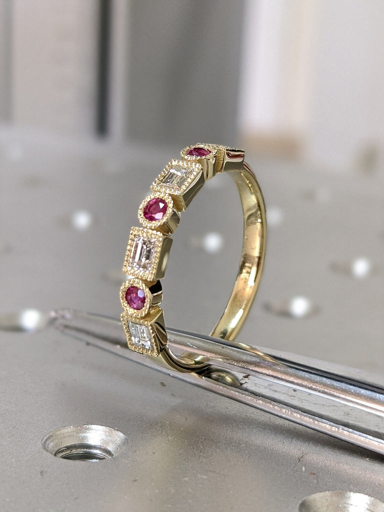 Baguette Dot Diamond Band 14K Diamond Ruby Milgrain Matching Band Wedding Ring Ruby Diamond Vintage Art Deco Unique Diamond Eternity Band