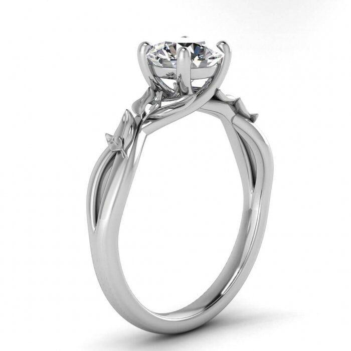 Raw Salt And Pepper Diamond Ring White Gold Split Shank Leaf Ring, Salt And Pepper Engagement Ring,Split Shank,Le Af Design,Intertwined,Lula