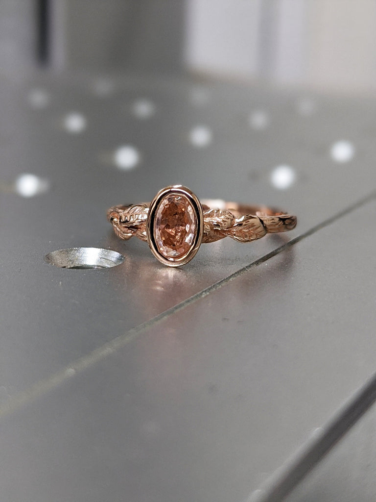 Oval Morganite Engagement Ring, Vintage Floral Morganite Ring, Rose Gold Floral Engagement Ring, Nature Inspired Leaf Morganite Ring