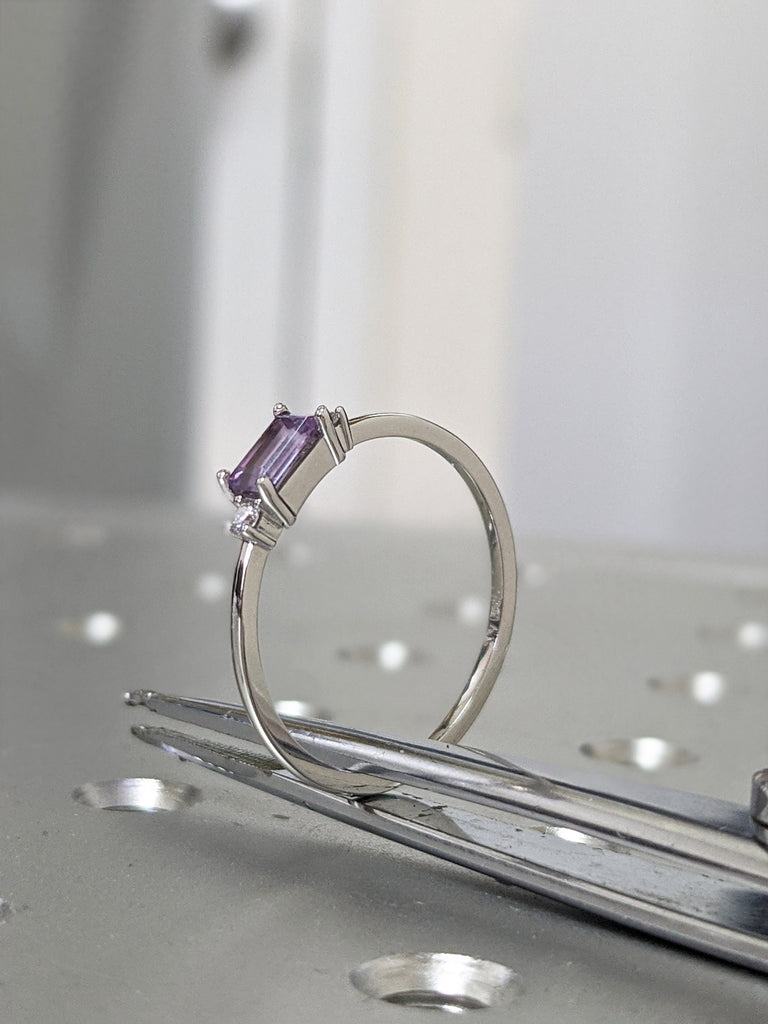 14K Alexandrite Baguette Ring, Three Stone Ring, Stacking Ring, Rectangle Stone, Alexandrite Diamond Ring, Color Changing Stone