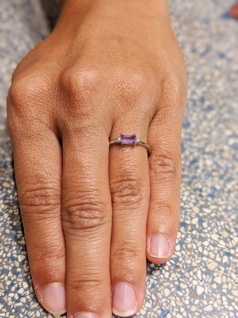 14K Alexandrite Baguette Ring, Three Stone Ring, Stacking Ring, Rectangle Stone, Alexandrite Diamond Ring, Color Changing Stone