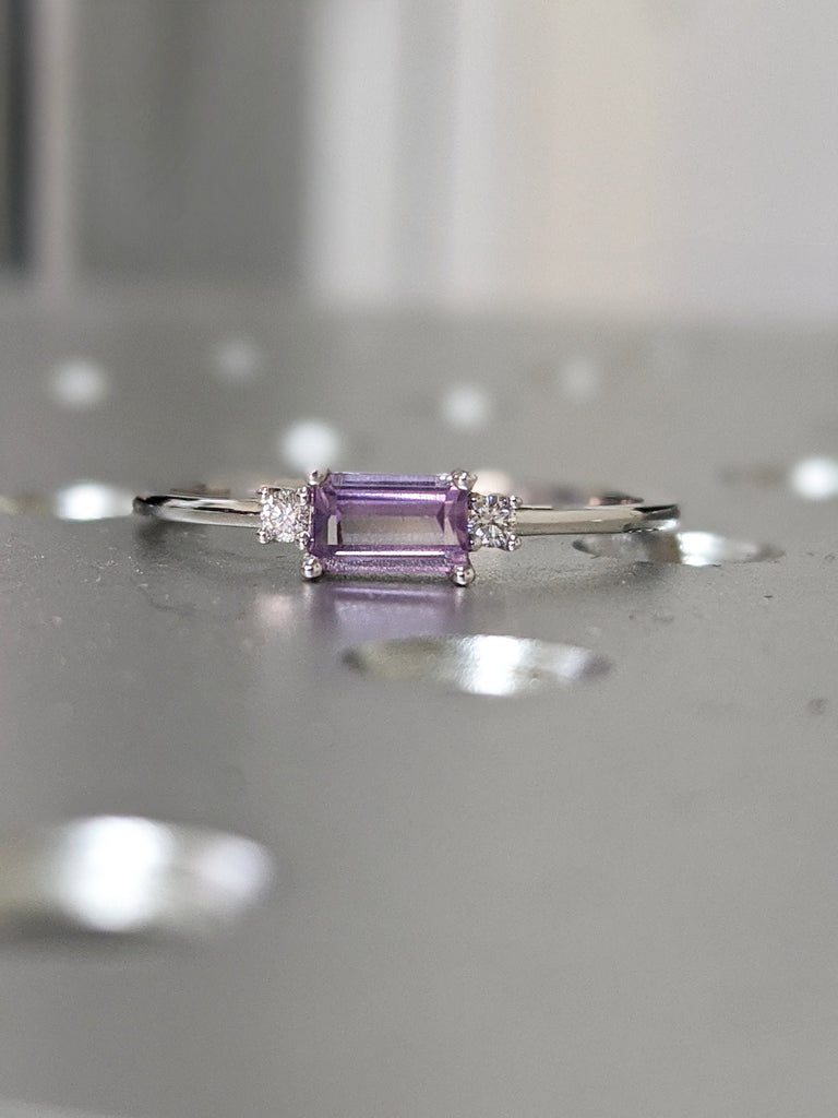 14K Alexandrite Baguette Ring, Three Stone Ring, Stacking Ring, Rectangle Stone, Alexandrite Diamond Ring, Color Changing Stone