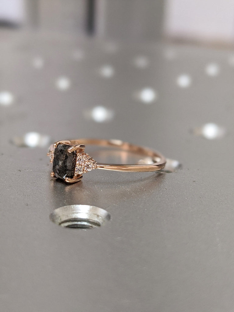 Raw Salt and Pepper Diamond, Emerald Baguette Cut Diamond Ring, Unique Engagement, Black, Gray Baguette, 14k Yellow, Rose, or White Gold