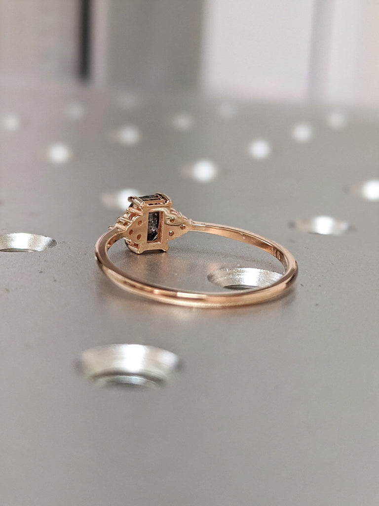 Salt and Pepper Diamond Engagement Ring Women Rose Gold Emerald Baguette shaped Bridal Jewelry Art deco Wedding Ring|Unique Anniversary ring
