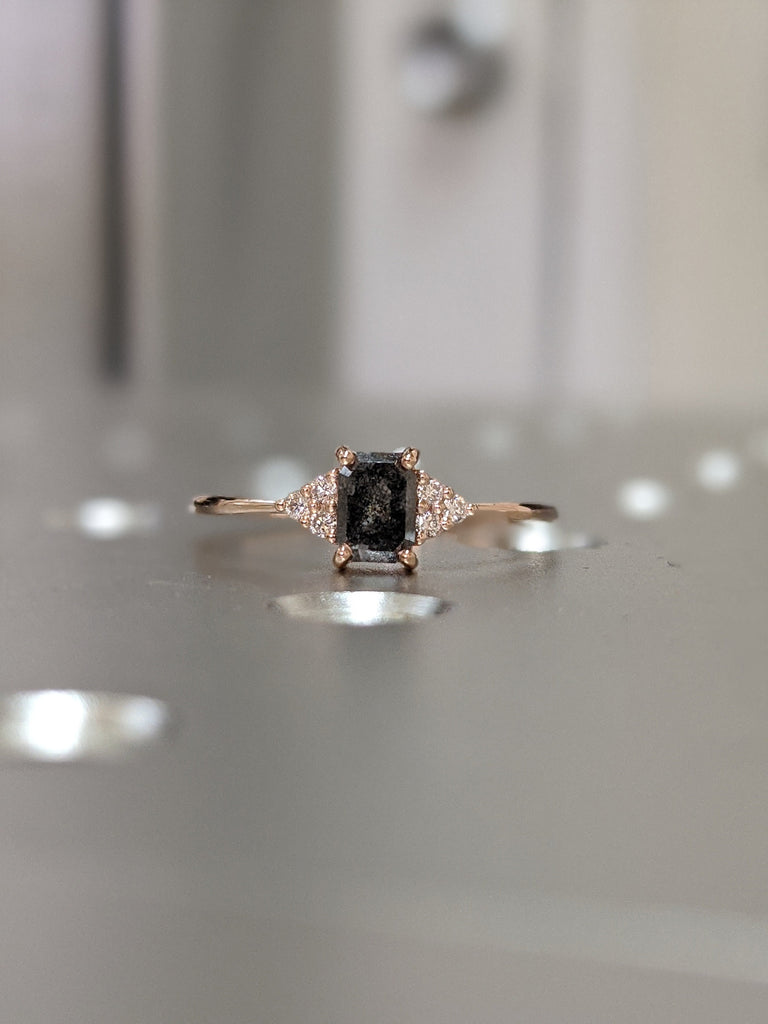 Vintage salt and pepper diamond engagement ring rose gold engagement ring diamond cluster ring wedding Bridal Anniversary Baguette Cut
