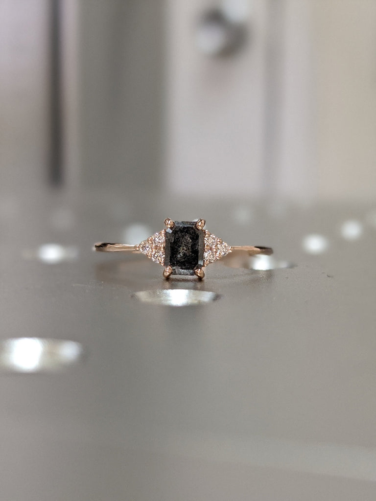 Salt and Pepper Diamond Engagement Ring Women Rose Gold Emerald Baguette shaped Bridal Jewelry Art deco Wedding Ring|Unique Anniversary ring