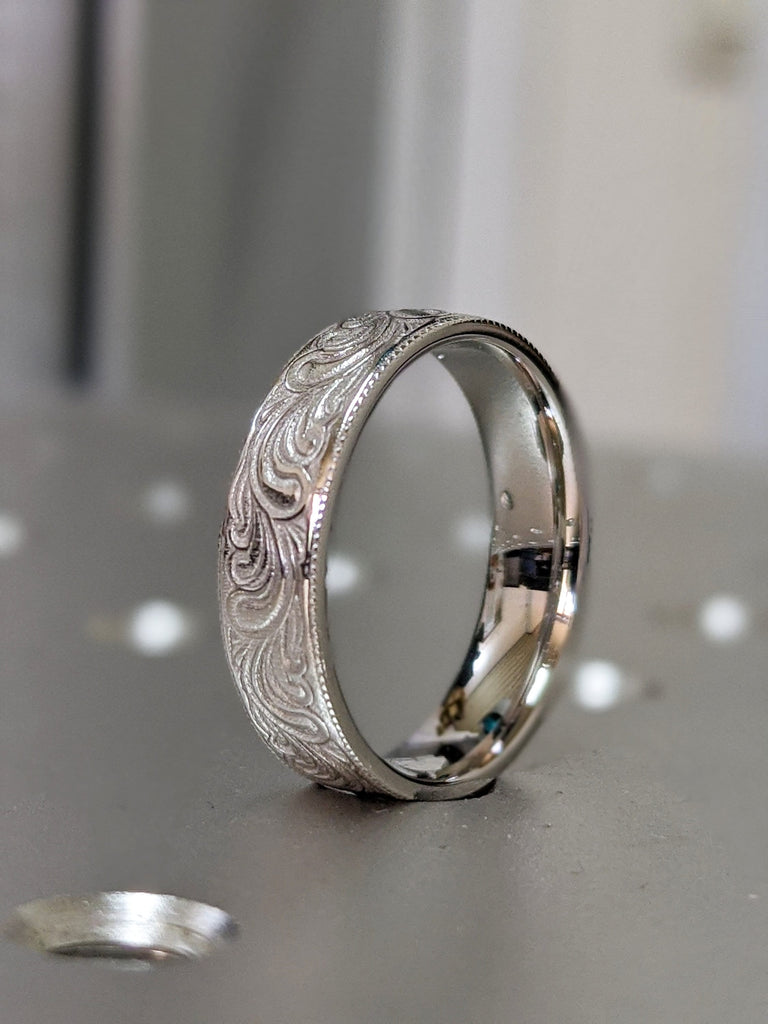 Solid White/Rose/Yellow Gold Feather Pattern Ring, 14K Gold Vintage Style Wedding Band, Scroll Engraved, Art Deco, Art Nouveau, Unique Band