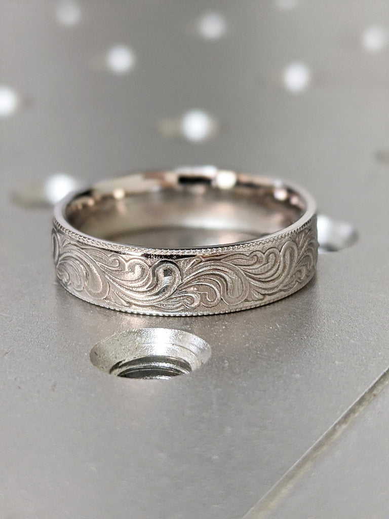 Solid White/Rose/Yellow Gold Feather Pattern Ring, 14K Gold Vintage Style Wedding Band, Scroll Engraved, Art Deco, Art Nouveau, Unique Band