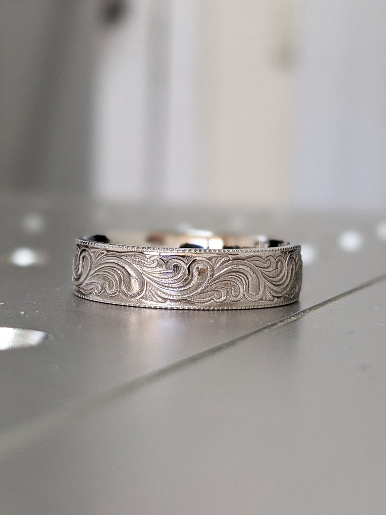 Solid White/Rose/Yellow Gold Feather Pattern Ring, 14K Gold Vintage Style Wedding Band, Scroll Engraved, Art Deco, Art Nouveau, Unique Band