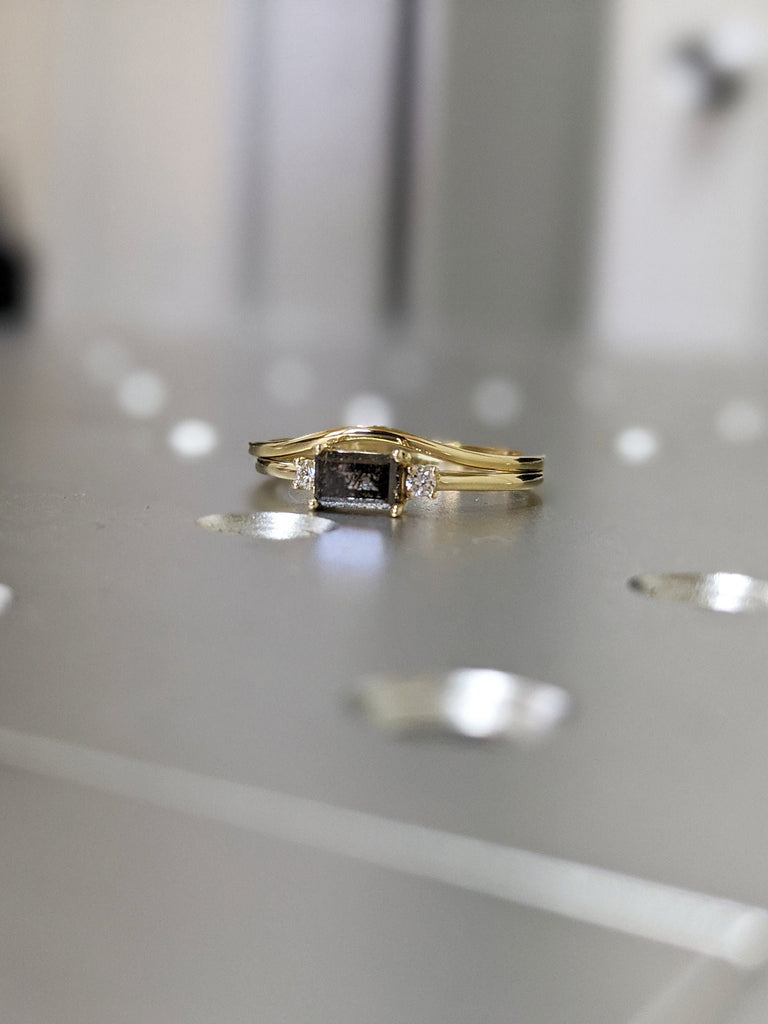 Emerald Baguette Raw Salt and Pepper Diamond Gold Engagement Ring Set Art Deco 1920's Inspired Simple Alternative Custom Handmade Diamond