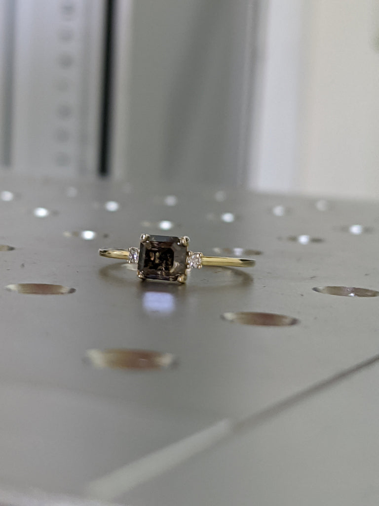 Emerald Square Raw Salt and Pepper Diamond Gold Engagement Ring Art Deco 1920's Inspired Thin Petite Band 14k Unique Ring for Her