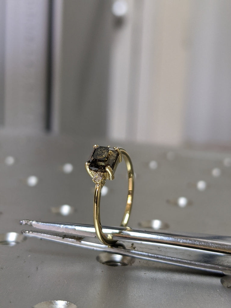 Emerald Square Raw Salt and Pepper Diamond Gold Engagement Ring Art Deco 1920's Inspired Thin Petite Band 14k Unique Ring for Her