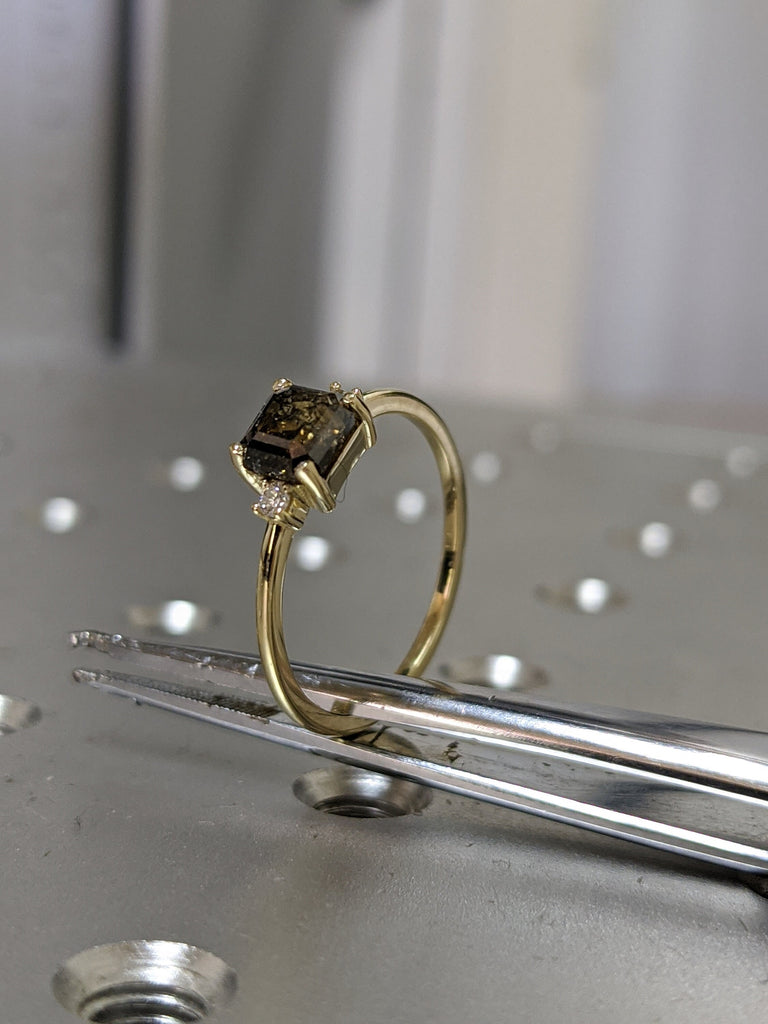 Emerald Square Raw Salt and Pepper Diamond Gold Engagement Ring Art Deco 1920's Inspired Thin Petite Band 14k Unique Ring for Her