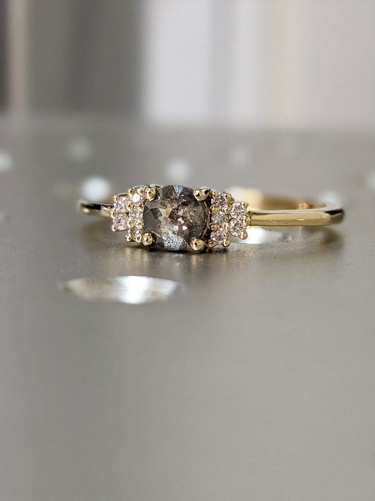 Raw Diamond, Unique Engagement, Salt and Pepper, Black diamond, Rose Cut, Prong setting, Simple Alternative, Custom Handmade Diamond Ring