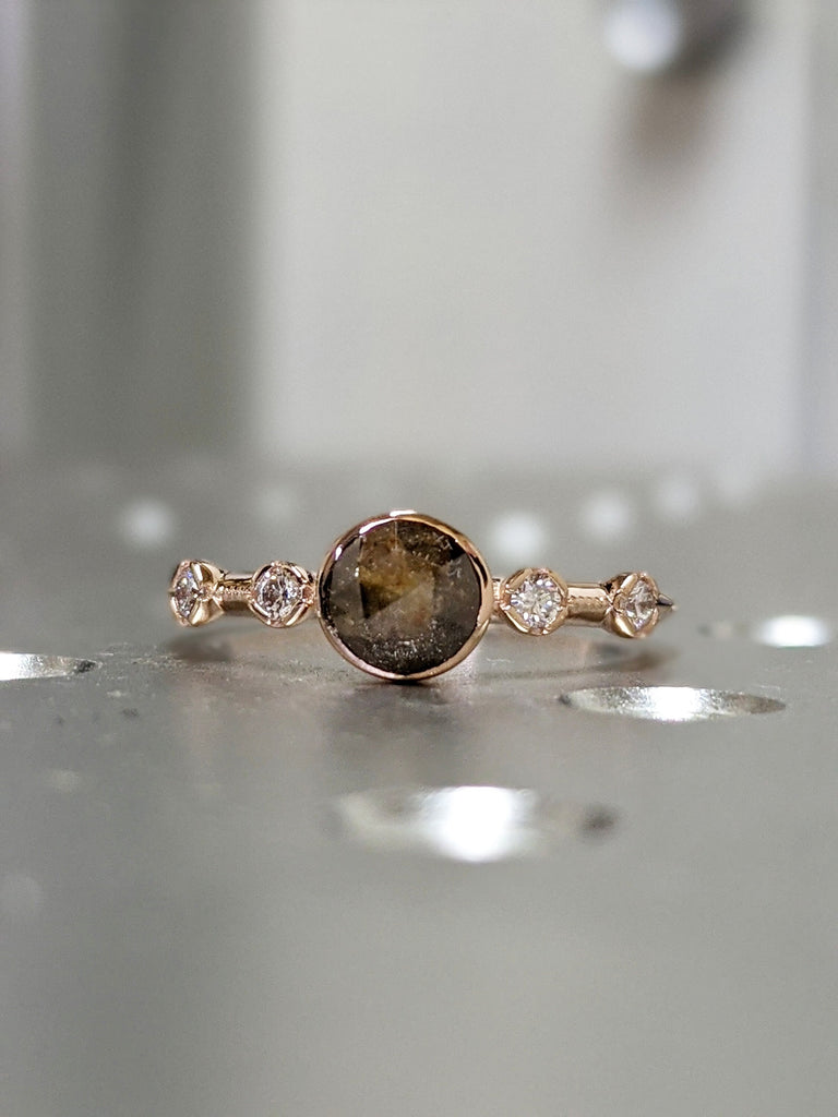 Salt Pepper Diamond Ring, Grey Rose Cut Diamond Ring, Diamond Engagement Ring, Rose Gold Unique Diamond Ring, Diamond Wedding Ring